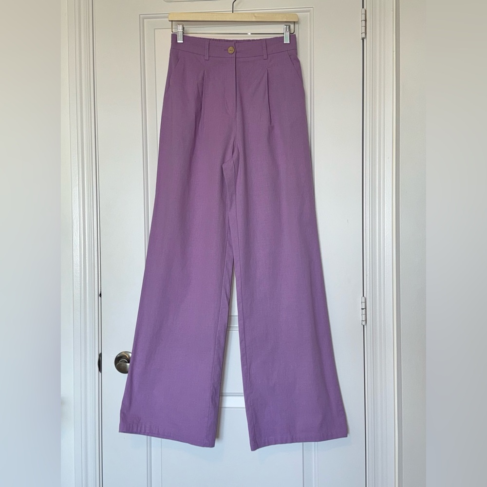 Commense Light Purple Lilac Cotton Pleated Pants Trousers pockets elastic, Small - Picture 3 of 10